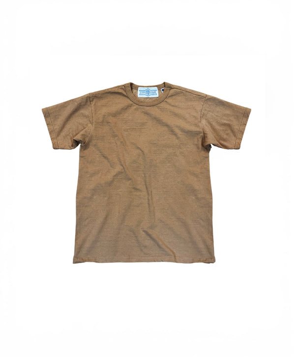 A short-sleeve crewneck t-shirt in a heathered brown or tan color, laid flat against a solid white background.
