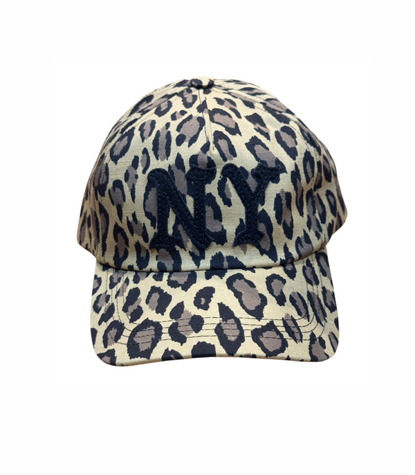 A baseball cap featuring a beige, gray, and black leopard print pattern with a prominent black embroidered 'NY' logo on the front, set against a plain white background.